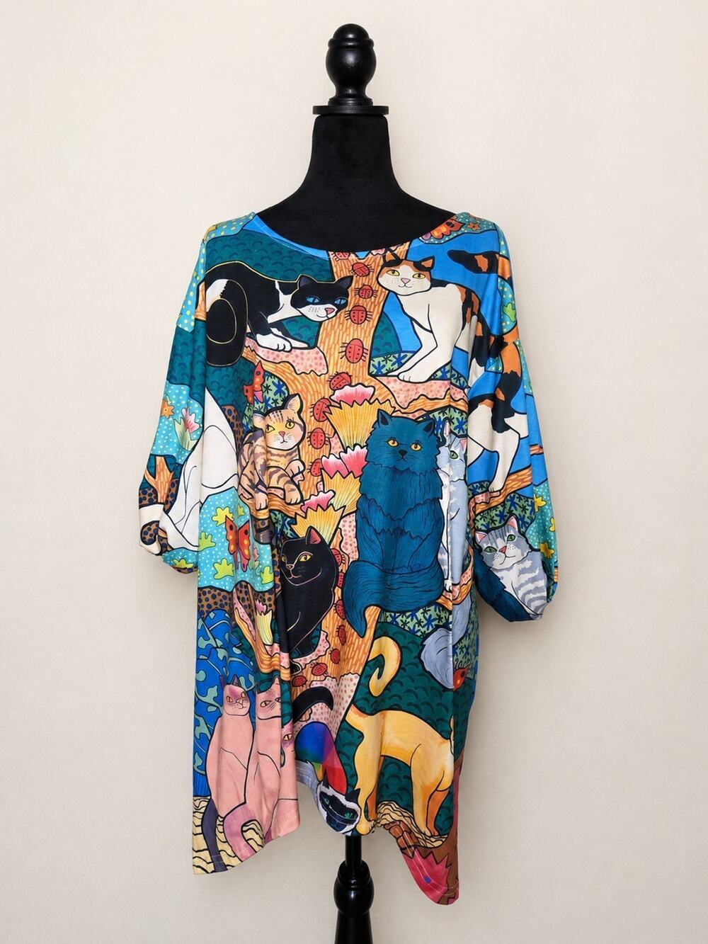 Cat Print Tunic Top 4XL Oversized Colorful Cats Novelty Wearable Art 90s Style